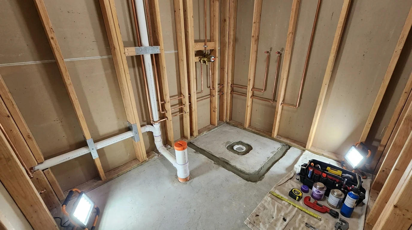 Bathroom rough-in plumbing during remodel by Johns Plumbing LLC in Red Springs