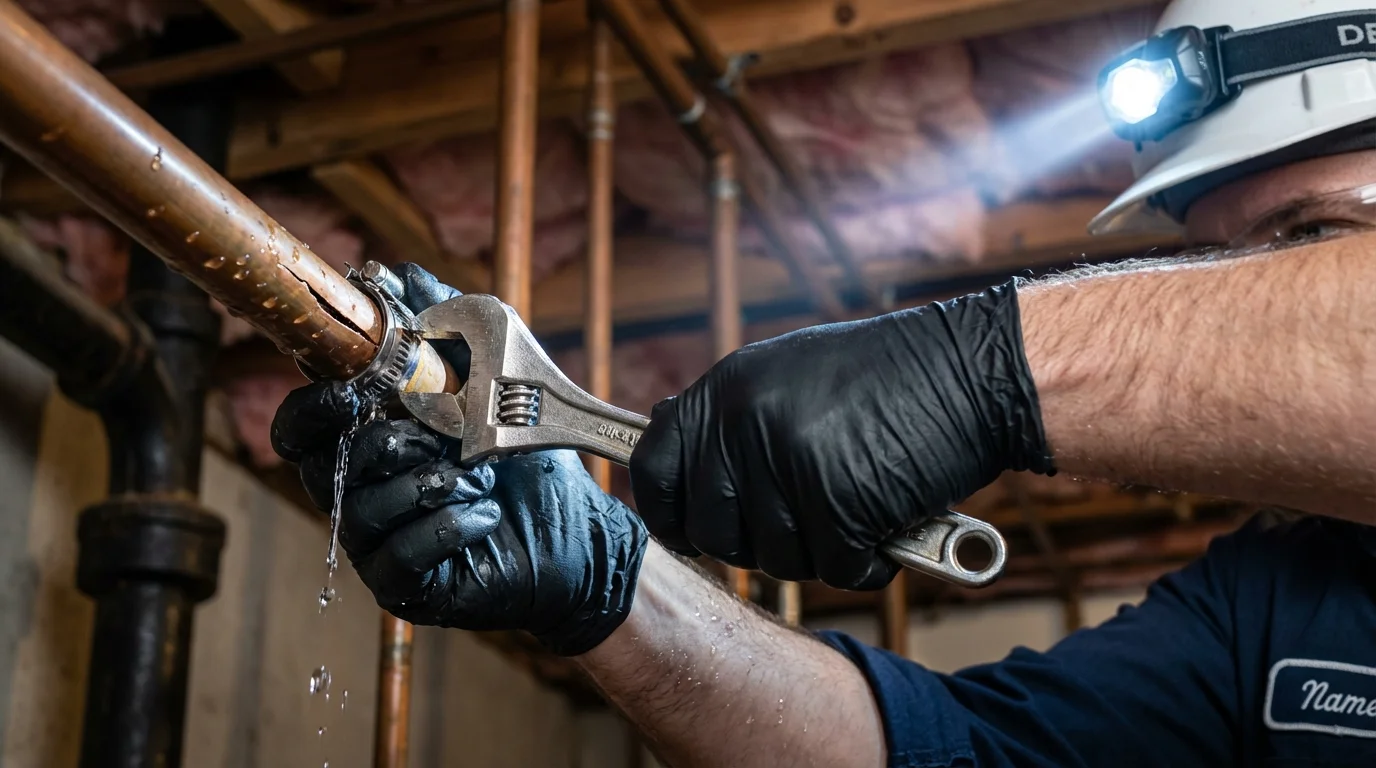 Emergency pipe clamp repair being performed by a Johns Plumbing LLC plumber in Red Springs