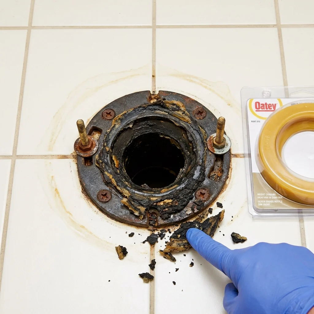 Failed wax ring showing water seepage at the base of a toilet in a Red Springs, NC home