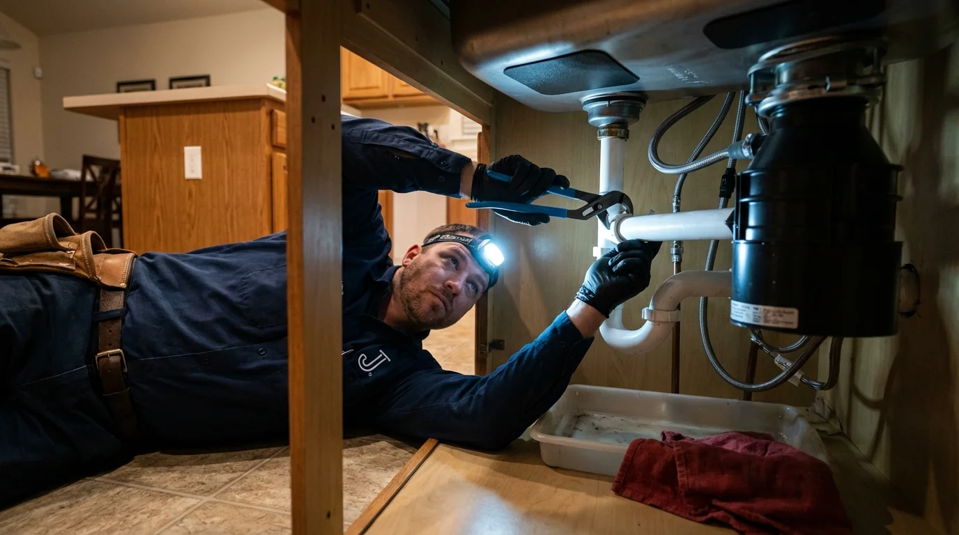 P-trap and supply line connections under a kitchen sink showing a common leak point in Red Springs, NC